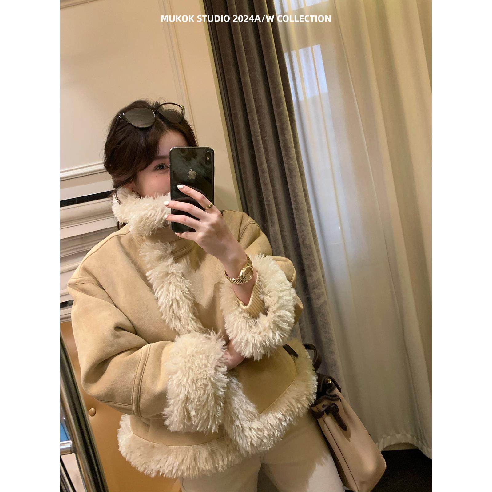 YSLS海森堡少女~ 高密轻盈环保卷毛环保皮毛一体加厚短外套