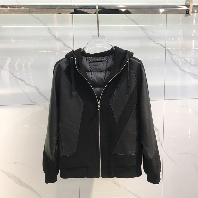 欧货时尚连帽羽绒服夹克男士2025冬季新款绵羊毛拼接修身保暖外套