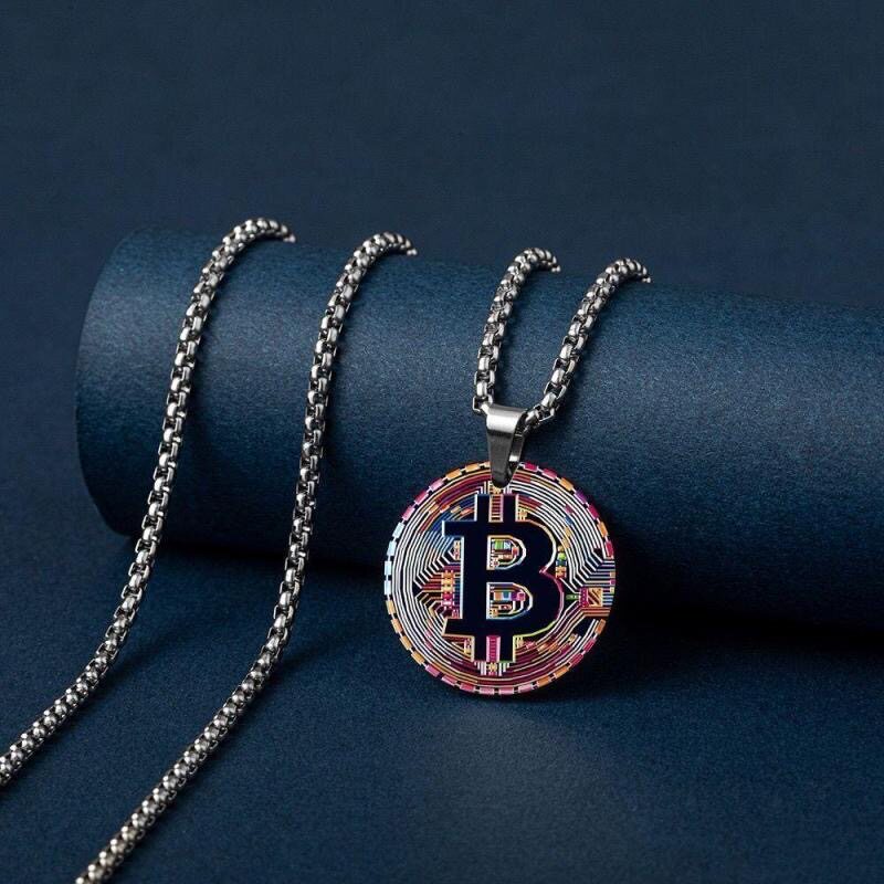 BTC加密数字货币 比特虚拟货币BITCOIN 纪念币彩印不锈钢圆形项链