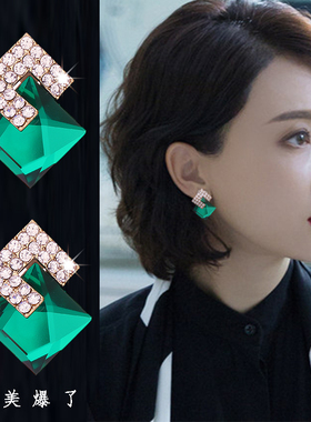 新款925纯银耳坠时尚C型耳钉个性长款气质网红水晶耳环流行耳饰品