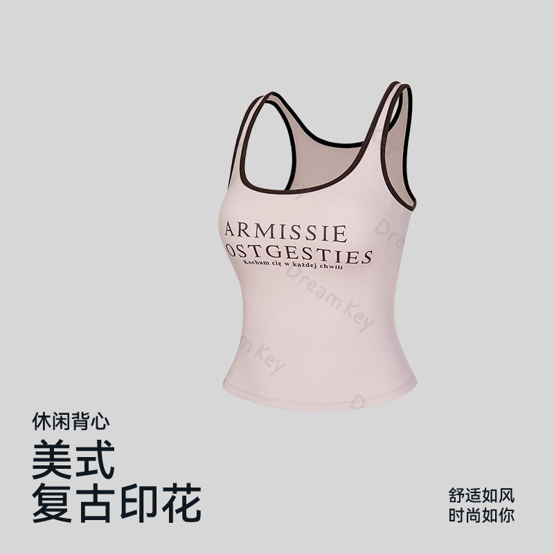 新款带胸垫美式复古圆领印花辣妹外穿内搭修身显瘦休闲背心上衣