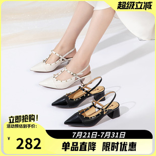 时装 2025年夏季 后绊带鞋 康奈女鞋 女式 凉鞋 新款 铆钉尖头粗跟中跟鞋
