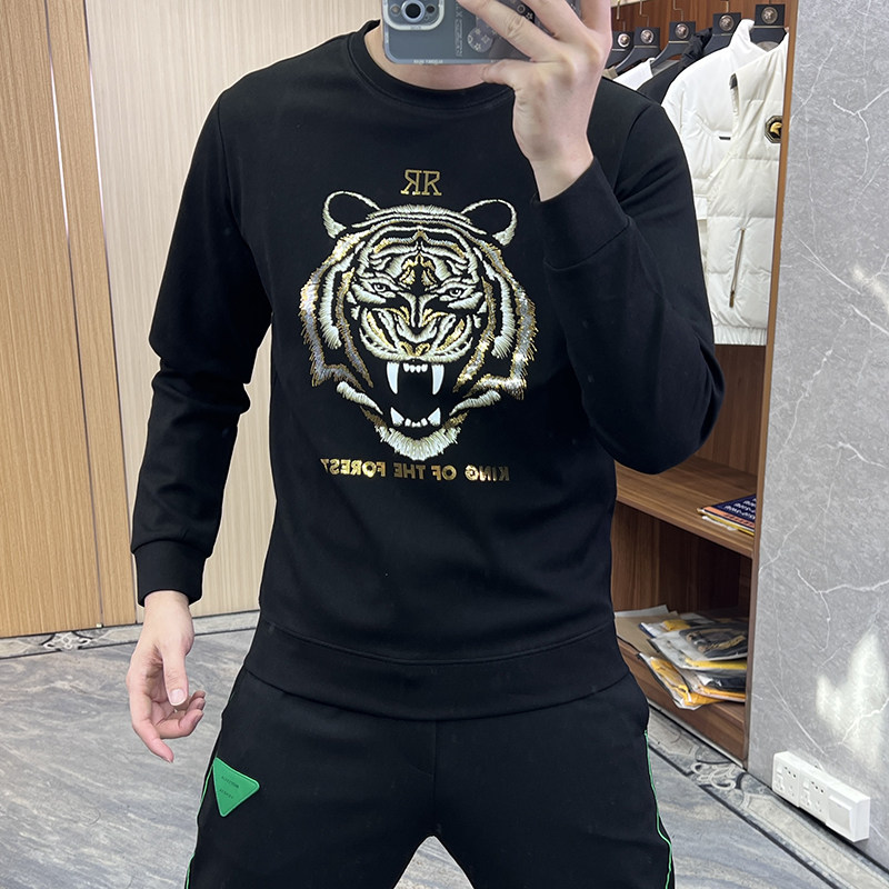 欧洲站秋冬新款套头卫衣男士烫金老虎头时尚圆领长袖上衣打底衫潮
