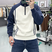 秋冬新款 上衣半拉链保暖潮 长袖 加绒卫衣男织带时尚 宽松休闲打底衫
