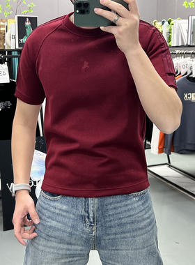 春夏新款重磅刺绣马年红色短袖T恤男圆领百搭打底衫上衣潮男内搭t