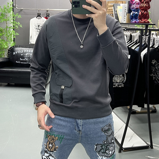 T恤卫衣口袋拼接撞色圆领上衣潮流百搭休闲打底衫 秋冬新款 男长袖