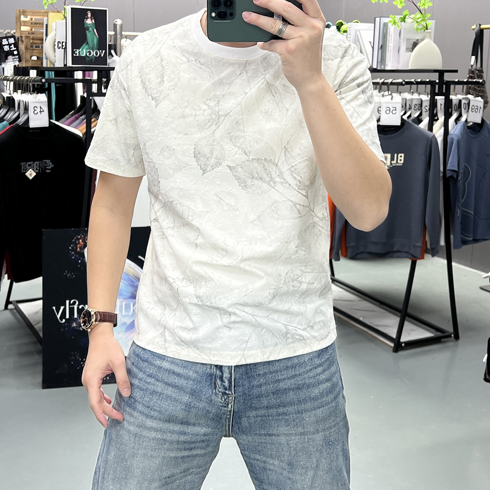 夏季新款印花树叶短袖T恤男高品质百搭圆领半袖衫打底衫潮流上衣