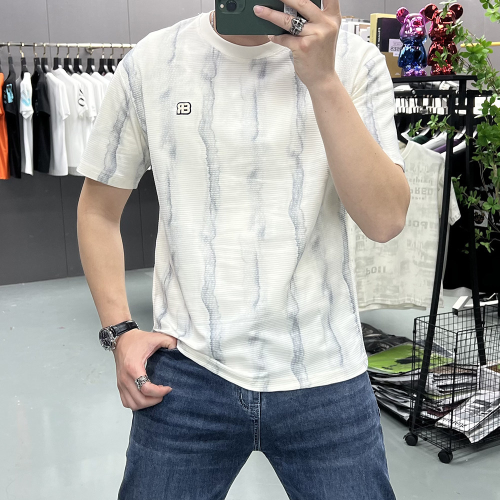 高级感男装刺绣字母扎染短袖T恤男士上衣半袖夏季新款百搭休闲潮i