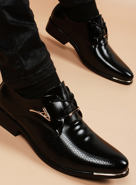 皮鞋男春季韩版尖头系带内增高百搭休闲皮鞋青年男士英伦商务男鞋