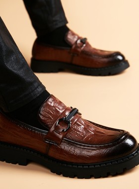 男士皮鞋男真皮鳄鱼纹英伦商务休闲潮流内增高韩版厚底套脚新郎鞋