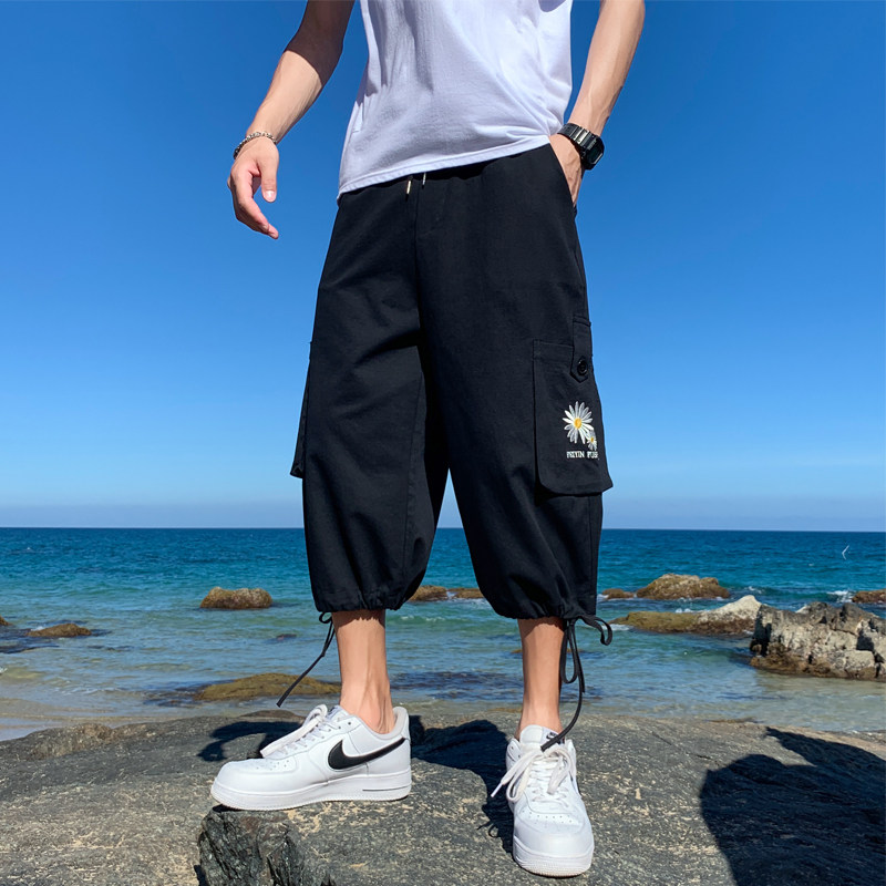 2021夏季新款潮流工装休闲中裤男韩版宽松潮牌八分裤男图片