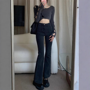 女装 黑色牛仔裤 拖地长裤 口袋设计感小众微喇阔腿裤 潮 春秋新款