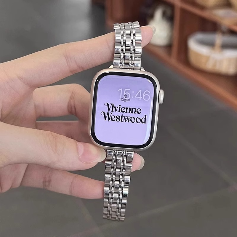 适用苹果applewatchs9/s10表带金属七株钢s8s7s6/5/4手表带女生