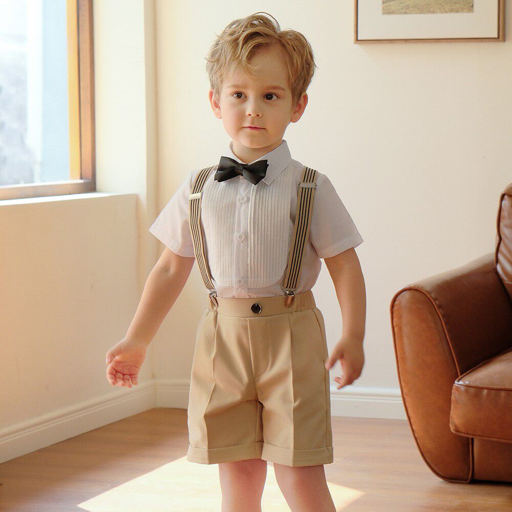 男孩小主持人服装儿童短袖背带裤套装夏男宝西服幼儿园毕业礼服夏