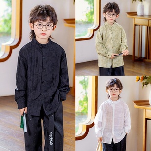 男童新中式长袖黑色衬衫儿童男宝2025小少爷衬衣男孩早秋立领寸衫