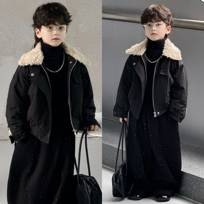 男童2025新款今年流行爆款外套加绒加厚儿童羊羔毛黑色棒球服男孩