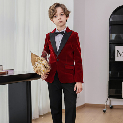 男童红色西装2025新款唱歌演出服男孩小主持人演讲晚会礼服英伦风