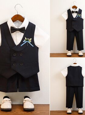 男童短袖条纹马甲西装夏季儿童男孩幼儿园毕业礼服小主持人演出服