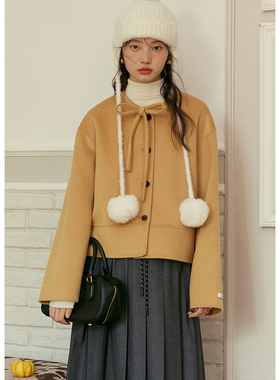 BLUEerror 全羊毛蝴蝶结圆领短款双面呢女黄色毛呢外套冬季保暖