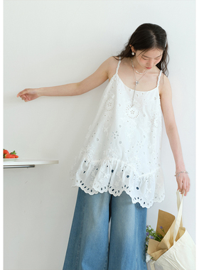 BLUEerror 刺绣荷叶边白色吊带连衣裙女纯棉花朵镂空绣花裙子夏季