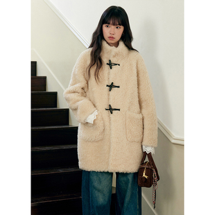 毛绒牛角扣羊羔毛外套冬季 BLUEerror 真羊毛皮毛一体皮草女中长款