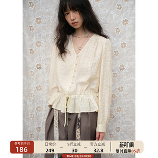 00新品 刺绣荷叶边长袖 衬衫 短款 女收腰v领绑带衬衣春