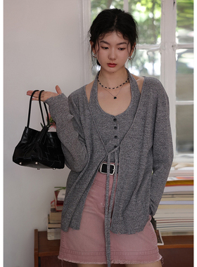 BLUEerror 慵懒显瘦绑带长袖针织开衫女外套宽松背心两件套装秋冬