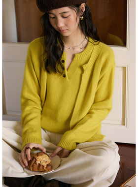 BLUEerror 羊绒保暖圆领套头假两件毛衣女短款法式慵懒针织衫秋冬