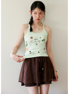 BLUEerror 小狗涂鸦印花绿色短款吊带背心女修身无袖上衣显瘦夏季