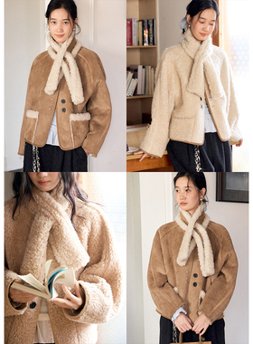 BLUEerror 两面穿全羊毛围巾款毛绒皮草女毛茸茸短款毛毛外套冬季