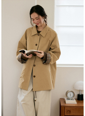 BLUEerror 正反两穿格子翻领卡其色风衣女法式宽松中长款外套秋季