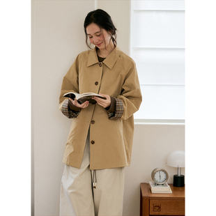 外套秋季 宽松中长款 正反两穿格子翻领卡其色风衣女法式 BLUEerror