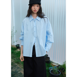 慵懒衬衣春季 BLUEerror 女宽松法式 衬衫 亚麻花朵刺绣蓝色翻领长袖