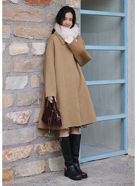 BLUEerror 羊绒翻领双面呢长款毛呢外套女黑色保暖呢子大衣冬季