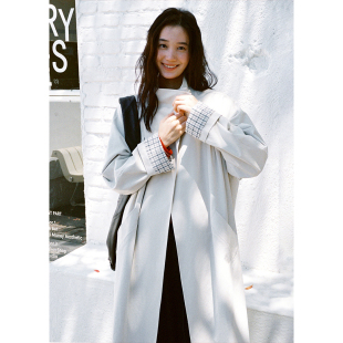 外套秋季 气质长款 慵懒宽松立领格纹拼接白色风衣女法式 BLUEerror