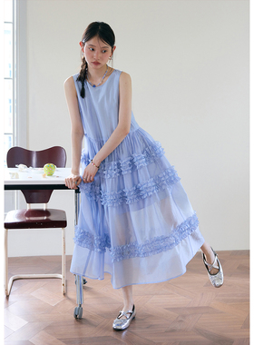 BLUEerror 多层花边纱感蓝色圆领背心连衣裙女长款无袖花苞长裙夏