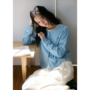 慵懒短款 女法式 圆领毛衣秋 全羊毛立体小球蓝色针织开衫 BLUEerror