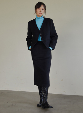 BLUEerror 宽松无领短款毛呢外套女黑色大衣羊毛呢子裙子套装冬