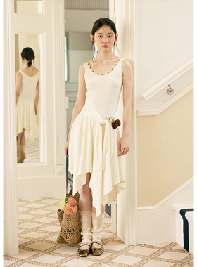 BLUEerror 花边领针织不规则背心连衣裙女显瘦无袖长裙夏季裙子