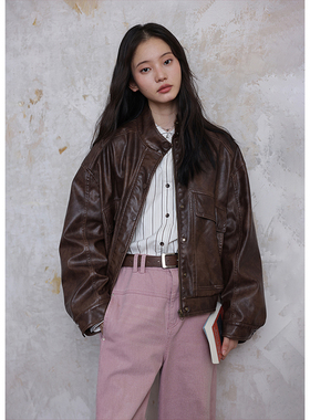 BLUEerror 复古气息 宽松擦色水洗立领棕色皮衣外套女皮夹克春季