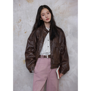 宽松擦色水洗立领棕色皮衣外套女皮夹克春季 BLUEerror 复古气息