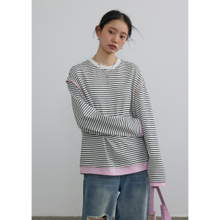 打底衫 BLUEerror宽松撞色拼接圆领黑色条纹长袖 t恤女慵懒上衣春季