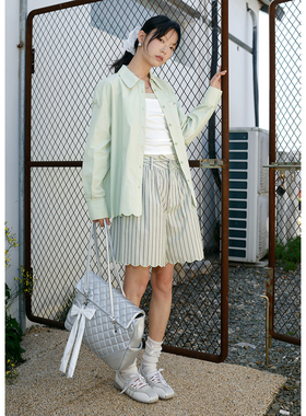 BLUEerror 纯棉绣花翻领绿色长袖衬衫女宽松慵懒花边显瘦衬衣夏季