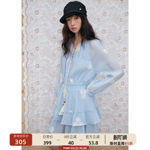 收腰双层荷叶边长袖 00新品 连衣裙女裙子绑带领短裙春