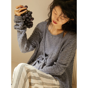 春季 BLUEerror 女薄款 开衫 镂空毛衣外套 慵懒风系带粉色针织长袖