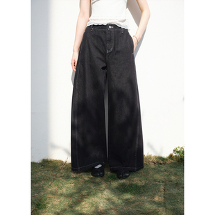纯棉慵懒黑色直筒牛仔裤 阔腿裤 女拖地长裤 子春季 宽松裤 BLUEerror