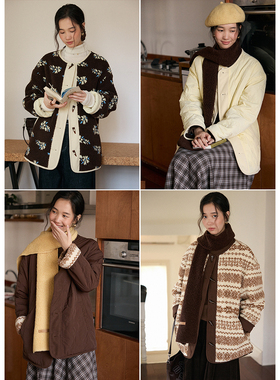 BLUEerror 双面穿提花圆领毛毛保暖棉服女宽松毛绒羊羔毛外套秋冬