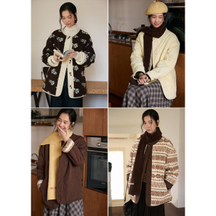 BLUEerror 双面穿提花圆领毛毛保暖棉服女宽松毛绒羊羔毛外套秋冬