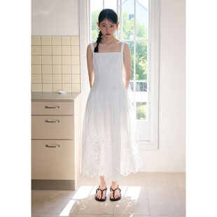 裙子夏季 无袖 镂空刺绣白色吊带连衣裙女宽松纯棉长款 BLUEerror