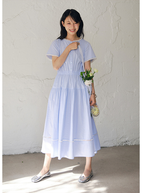 BLUEerror 蕾丝花边圆领蓝色短袖连衣裙女宽松收腰长款裙子夏季